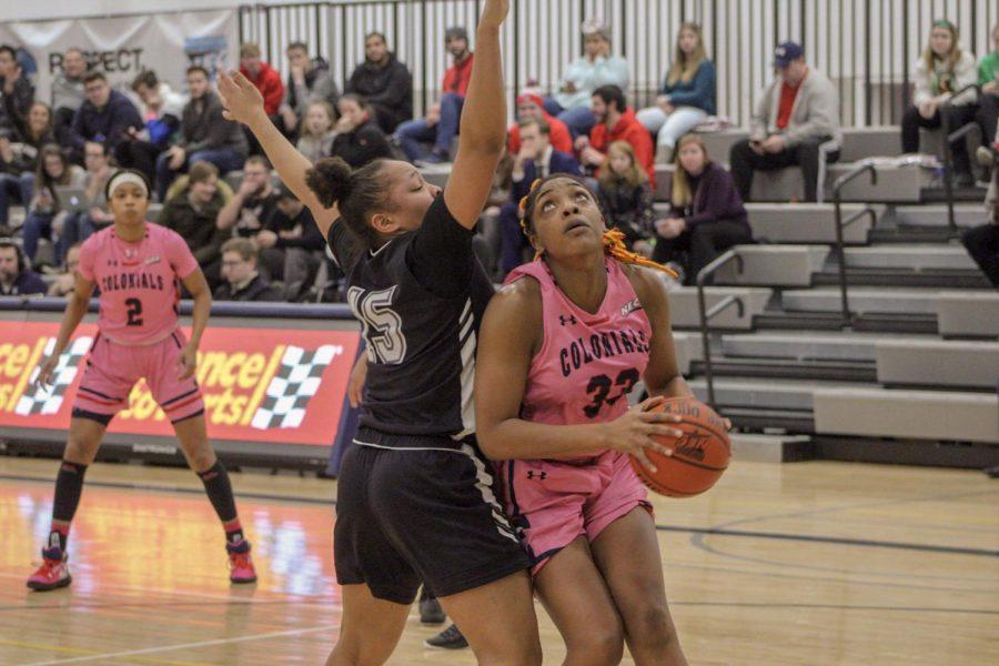 Nneka Ezeigbo goes for the basket against LIU Brooklyn. Moon, PA Feb. 25, 2019. (RMU Sentry Media/Samuel Anthony)