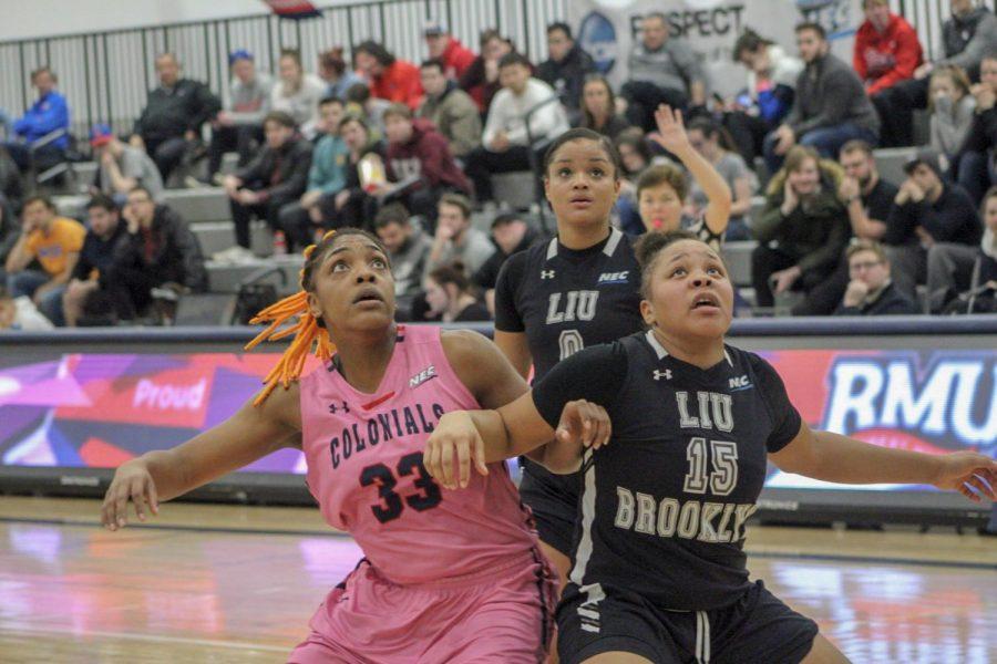 Nneka Ezeigbo gets ready to go up for a rebound against LIU Brooklyn. Moon, PA Feb. 25, 2019. (RMU Sentry Media/Samuel Anthony)