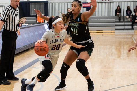 MOON TOWNSHIP -- Honoka Ikematsu drives to the hoop against Wagner on January 26, 2019 (Samuel Anthony/RMU Sentry Media).