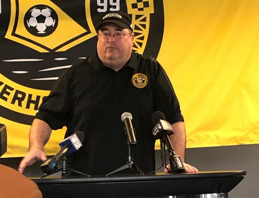 PITTSBURGH -- Riverhounds manager Bob Lilley speaks at the 20th anniversary press conference (Jon Hanna/RMU Sentry Media).