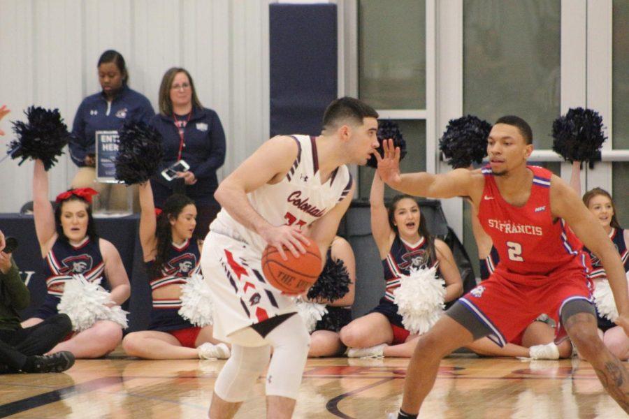 MOON TOWNSHIP --  Matty McConnell sets up against Saint Francis Brooklyn on Feb. 23, 2019 (Avin Patel/RMU Sentry Media).