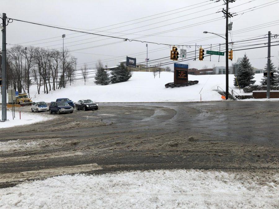 Snow, slush and wet roads were the story of the day in Moon Township and across much of the Pittsburgh region. Photo Credit: (RMU Sentry Media/Gage Goulding)