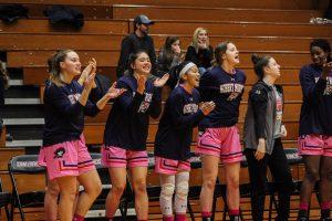 The bench celebrates after a Nina Augustin three-pointer. Loretto, PA Feb. 18, 2019. (RMU Sentry Media/Samuel Anthony)