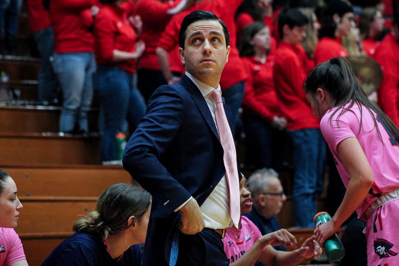 RMU womens basketball head coach Charlie Buscaglia updates himself with the scoreboard against Saint Francis. Loretto, PA Feb. 18, 2019. (RMU Sentry Media/Samuel Anthony)