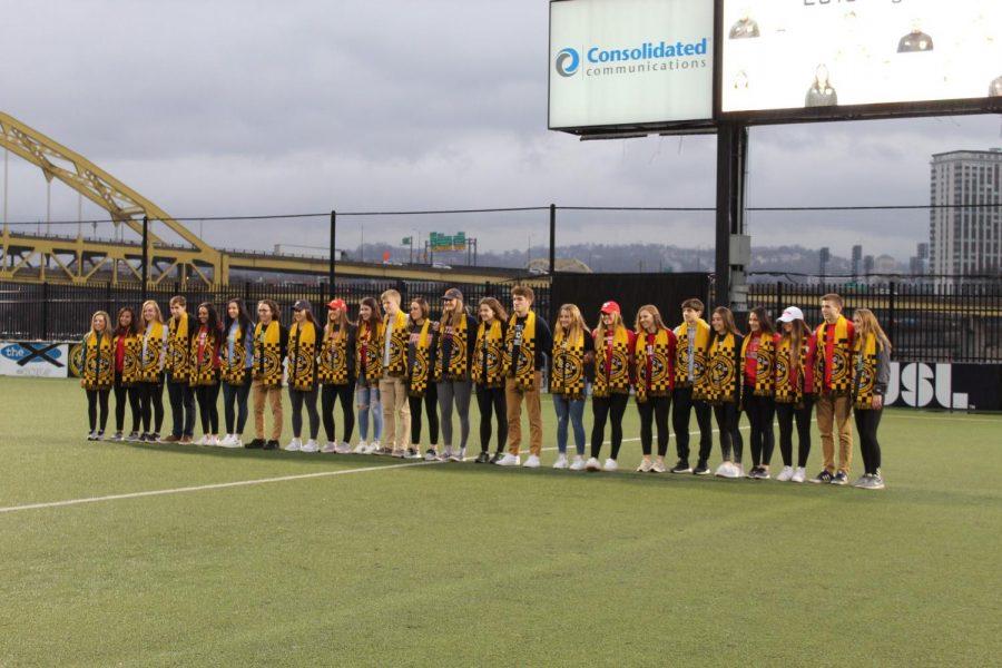 PITTSBURGH+--+The+Riverhounds+Development+Academy+signees+pose+in+Highmark+Stadium+%28Sarah+Gabany%2FRMU+Sentry+Media%29.+The+academy+saw+26+players+sign+to+colleges+this+year.+Photo+credit%3A+Sarah+Gabany