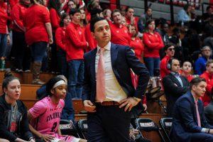 RMU Womens Basketball Head Coach Charlie Buscaglia looks on during the game. Loretto, PA Feb. 18, 2019. (RMU Sentry Media/Samuel Anthony)