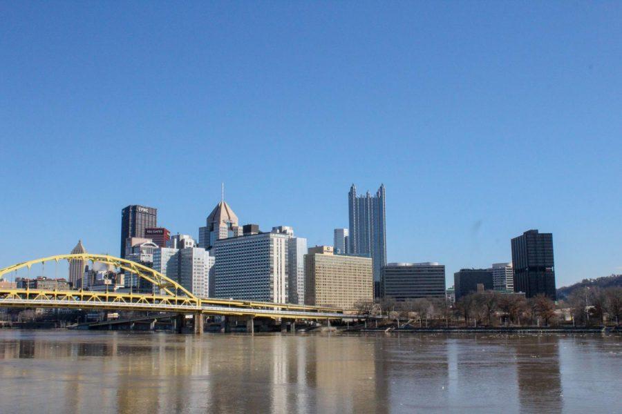 Downtown Pittsburgh skyline as seen from the North Shore. The North Shore Riverwalk is flooded from heavy rainfall in early Feb. 2019. 