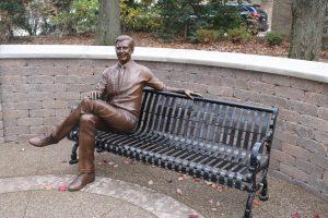 A statue of Mister Roger in honor of Mister Rogers Neighborhoods 50th Anniversary at Saint Vincent College in Latrobe. Photo Credit: (Saint Vincent College)