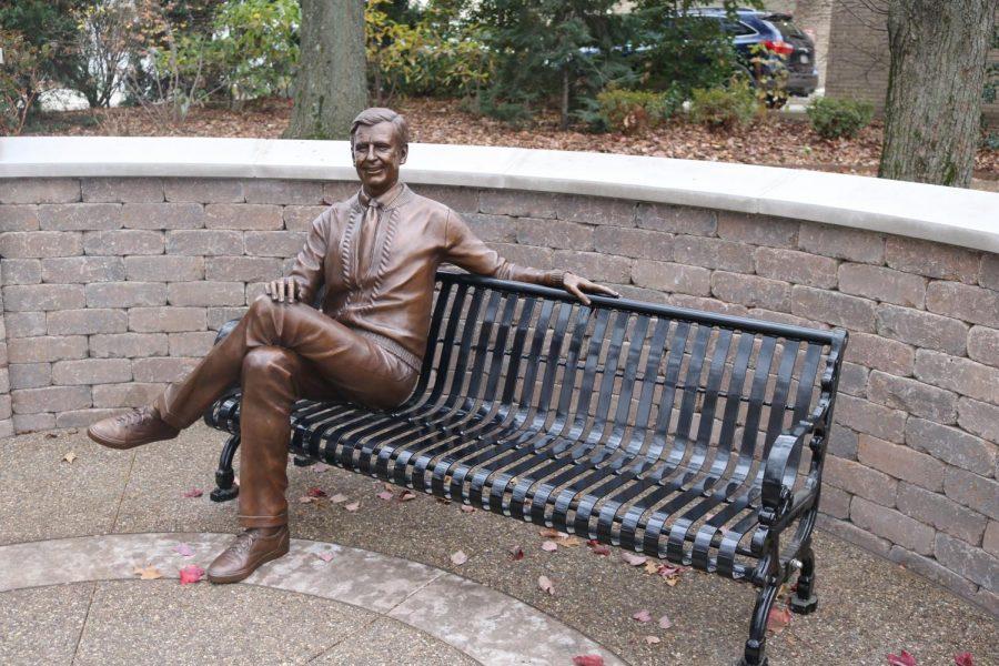 A statue of Mister Roger in honor of Mister Rogers Neighborhoods 50th Anniversary at Saint Vincent College in Latrobe. Photo Credit: (Saint Vincent College)