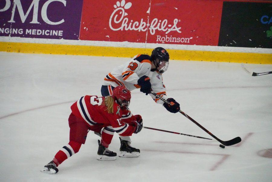 Robert Morris battled through the first period. But a four-goal second period propelled the Orange to the CHA tournament title. Photo credit: Timothy Kelly