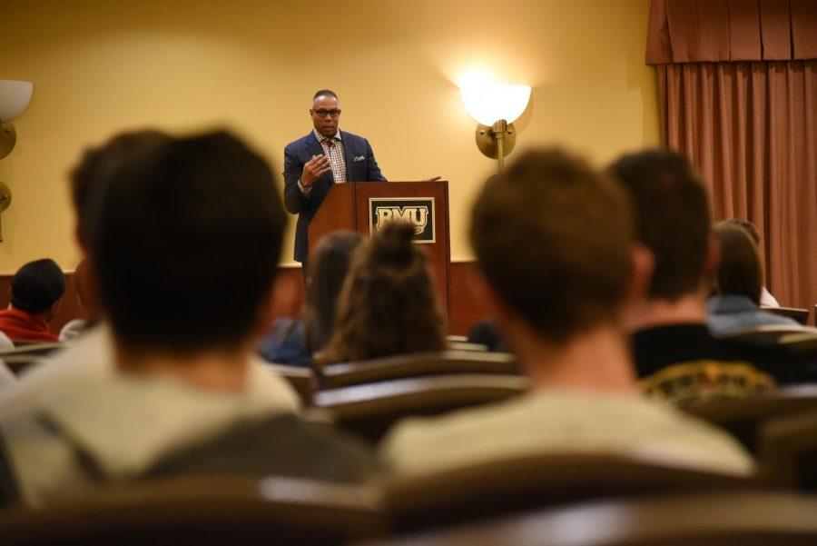 ESPNs Jay Harris speaks at a Greek Life event hosted by Robert Morris University in Yorktown Hall on March 19, 2019. Photo Credit: (RMU Sentry Media/Melanie Hulse)