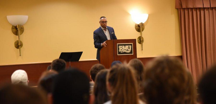 ESPNs Jay Harris speaks at a Greek Life event hosted by Robert Morris University in Yorktown Hall on March 19, 2019. Photo Credit: (RMU Sentry Media/Melanie Hulse)