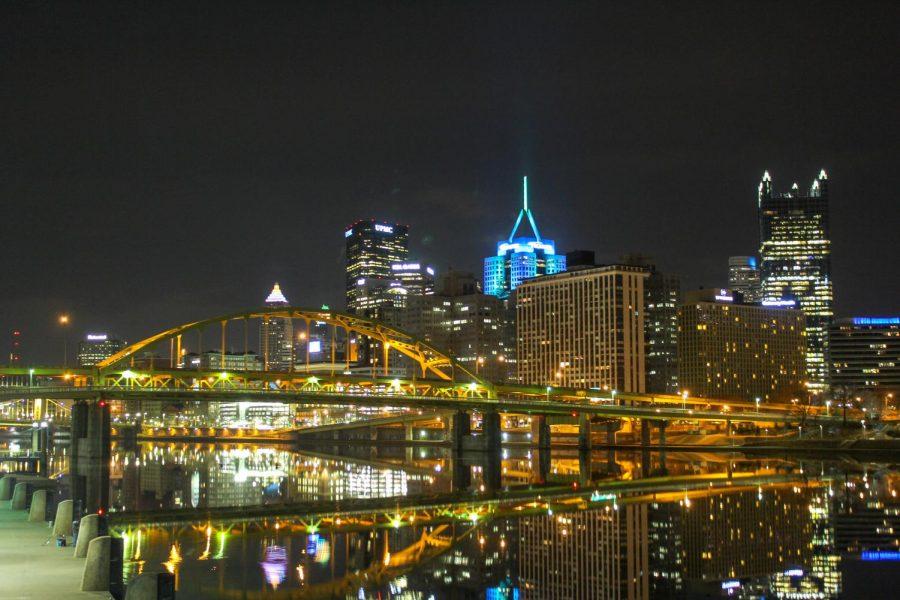 Bridges and buildings in Downtown Pittsburgh reflect off the citys mirror-like rivers on an early spring morning. Photo Date: March 29, 2019 Photo Credit: (RMU Sentry Media/Gage Goulding)