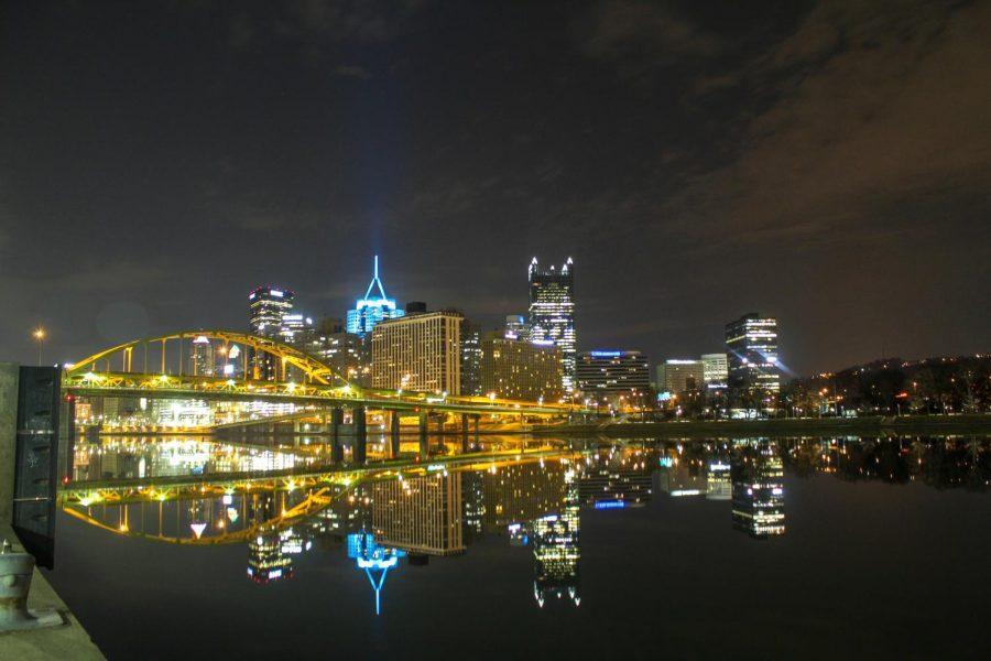 Bridges and buildings in Downtown Pittsburgh reflect off the citys mirror-like rivers on an early spring morning. Photo Date: March 29, 2019 Photo Credit: (RMU Sentry Media/Gage Goulding)