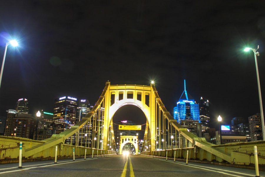 A single car drives over the Roberto Clemente Bridge. Photo Date: March 29, 2019) Photo Credit: (RMU Sentry Media/Gage Goulding)