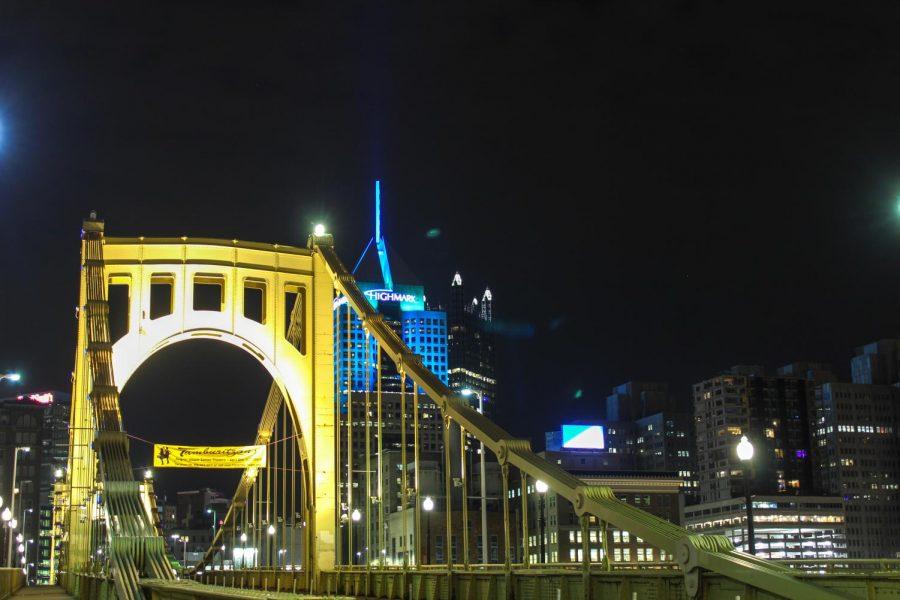 The Highmark Building in Downtown Pittsburgh peaks out from behind the Roberto Clemente Bridge. Photo Date: March 29, 2019 Photo Credit: (RMU Sentry Media/Gage Goulding)