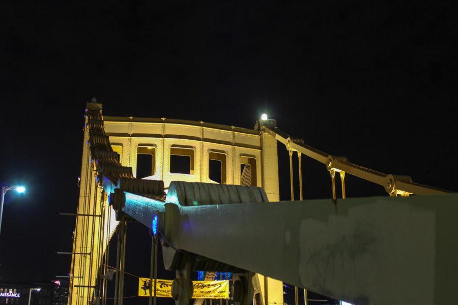 The Roberto Climate Bridge against a clear, dark Downtown Pittsburgh sky. Photo Date: March 29, 2019 Photo Credit: (RMU Sentry Media/Gage Goulding)