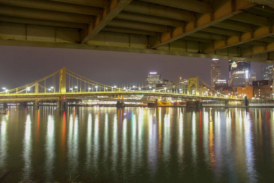 The Andy Warhol Bridge as seen from under the Roberto Clemente Bridge, connecting Downtown Pittsburgh to the North Shore. Photo Date: March 29, 2019. Photo Credit: (RMU Sentry Media/Gage Goulding)