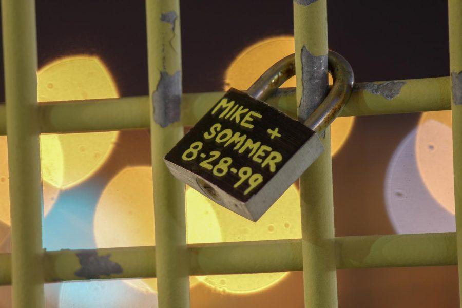 A lock is placed on the Roberto Clemente Bridge in Downtown Pittsburgh. Photo Date: March 29, 2019. Photo Credit: (RMU Sentry Media/Gage Goulding)