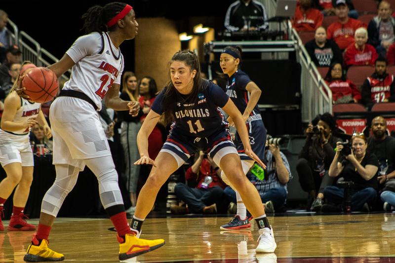 Freshman guard Natalie Villaflor guards her opponent in the NCAA tournament. March 27, 2019 Louisville Ky. (Samuel Anthony/RMU Sentry Media)