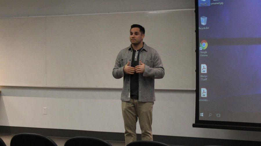 MOON TOWNSHIP -- Joey DelSardo talks to students at Robert Morris (Tyler Gallo/RMU Sentry Media).
