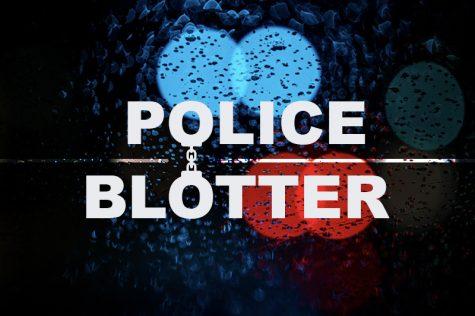 "POLICE BLOTTER" in white lettering over top of a black background. There are two baby blue circles and a red circle behind the end of "BLOTTER"