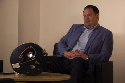 Chris King sits down with RMU Sentry Media to discuss his plans for the athletic department (Luke Yost/RMU Sentry Media). Photo credit: Luke Yost