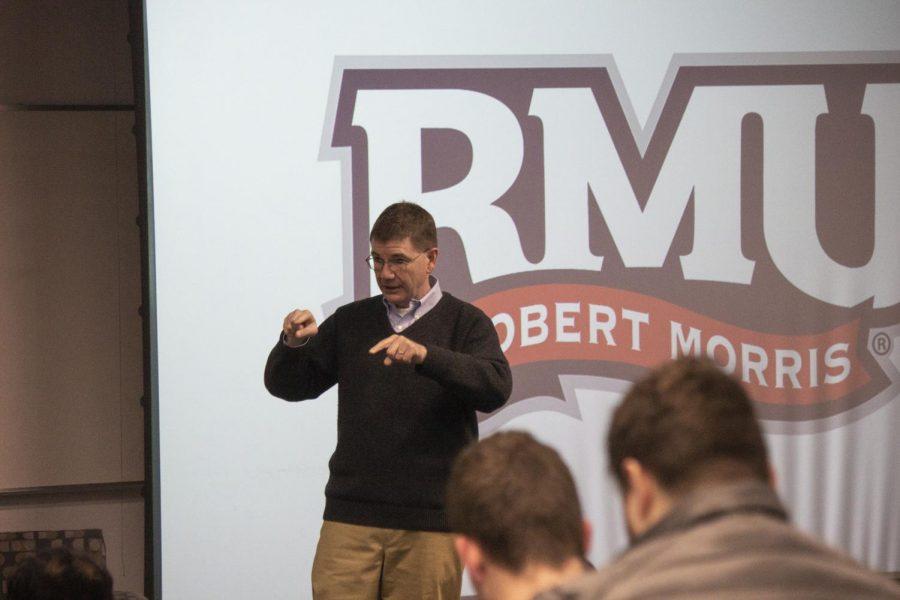 Former Congressman Keith Rothfus speaking to RMU students on campus in Hopwood Hall on Wednesday, Feb. 12