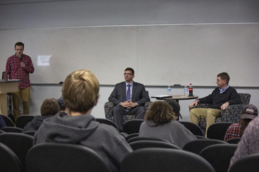 Former Congressman Keith Rothfus speaking to RMU students on campus in Hopwood Hall with Professor Philip Harold, hosted by the College Republicans