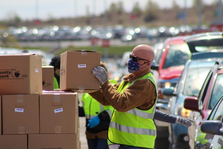 Over 800 boxes were distributed on Wednesday, but the food bank was prepared for 1500 or more visitros. Moon Township, PA. April 22, 2020. RMU Sentry Media/Garret Roberts