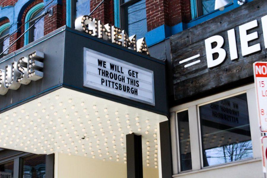 Row House Cinemas viral sign, telling the city that we will get through this together. March 22, 2020. Pittsburgh, PA.