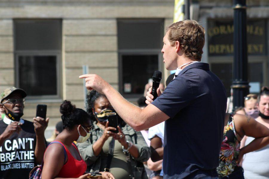 Representative Conor Lamb D) speaks to an audience of protesters, calling on them to join him in making a change in government. Coraopolis, PA. June 6, 2020. RMU Sentry Media/Garret Roberts 