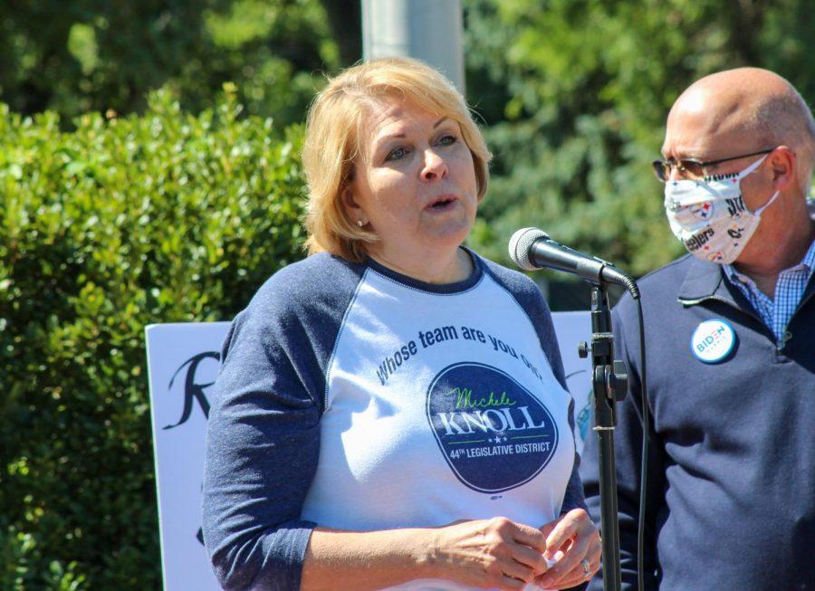 Michele Knoll, candidate for the 44th Legislative District, saw large support from the crowd while speaking.
