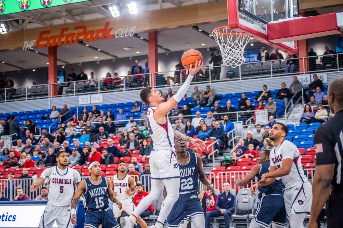 Dante Treacy drives for a layup against Mount St. Marys on February 21, 2020 Photo credit: David Auth