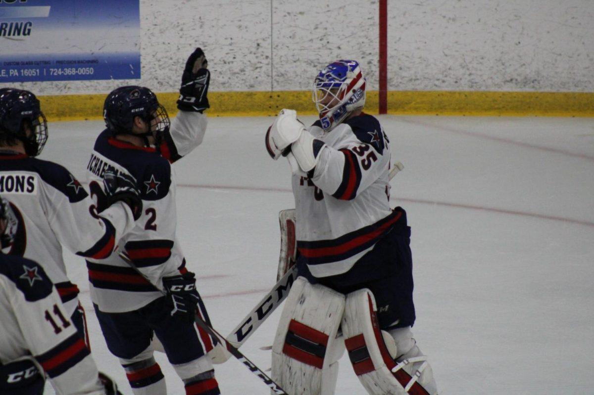 The Colonials congratulate Dyllan Lubbesmeyer after defeating Alabama-Huntsville on November 22, 2020 in Moon Township, PA.

Photo Credit: Nathan Breisinger 