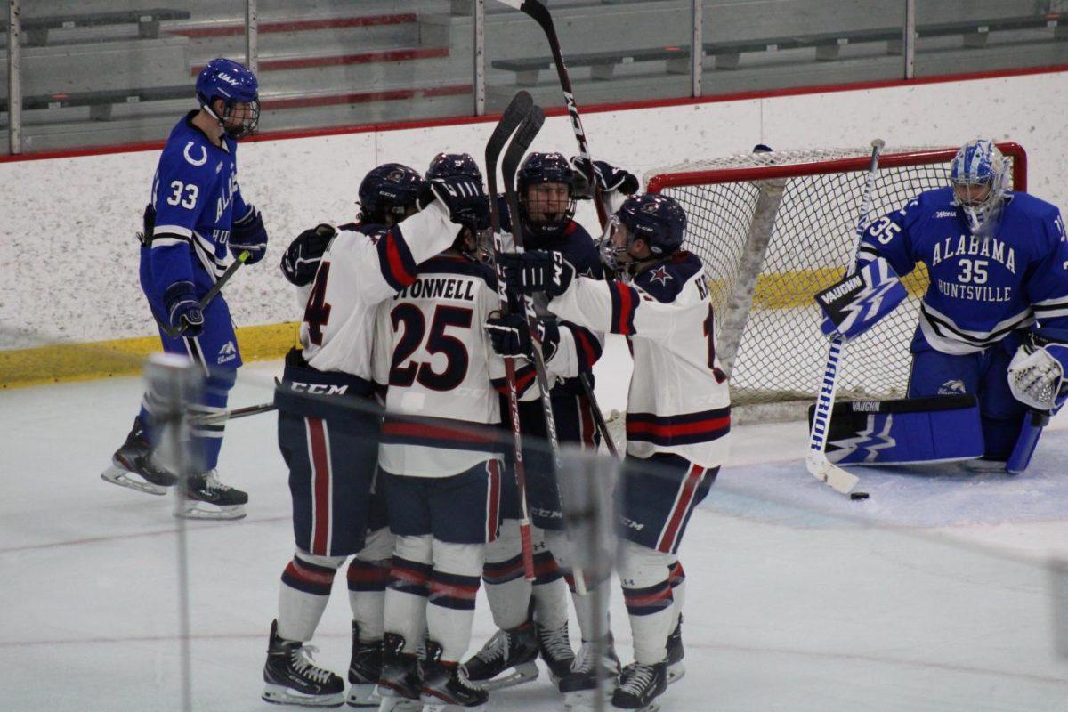 Colonials celebrate after a goal against Alabama-Huntsville on November 21, 2020
Credit: Nathan Breisinger