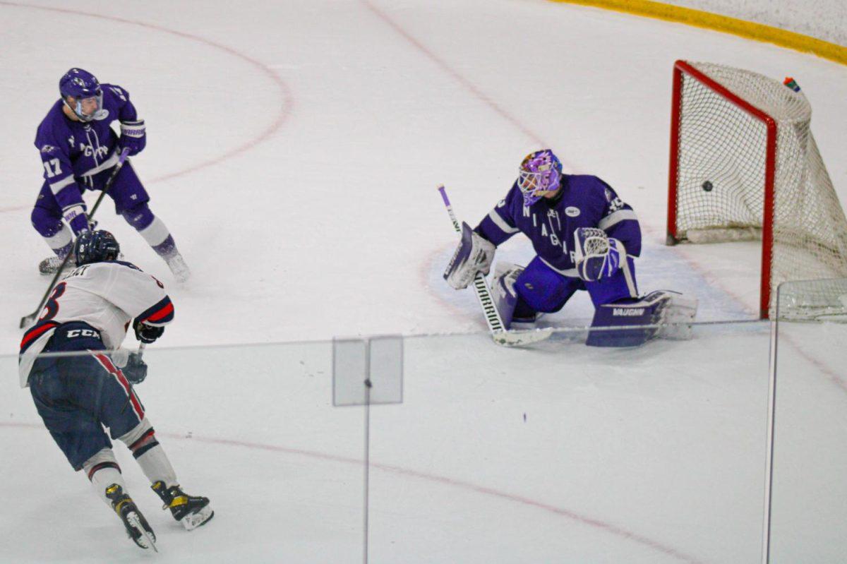 Aidan Spellacy scores the game winning goal against Niagara on January 9, 2020 Photo credit: Nathan Breisinger