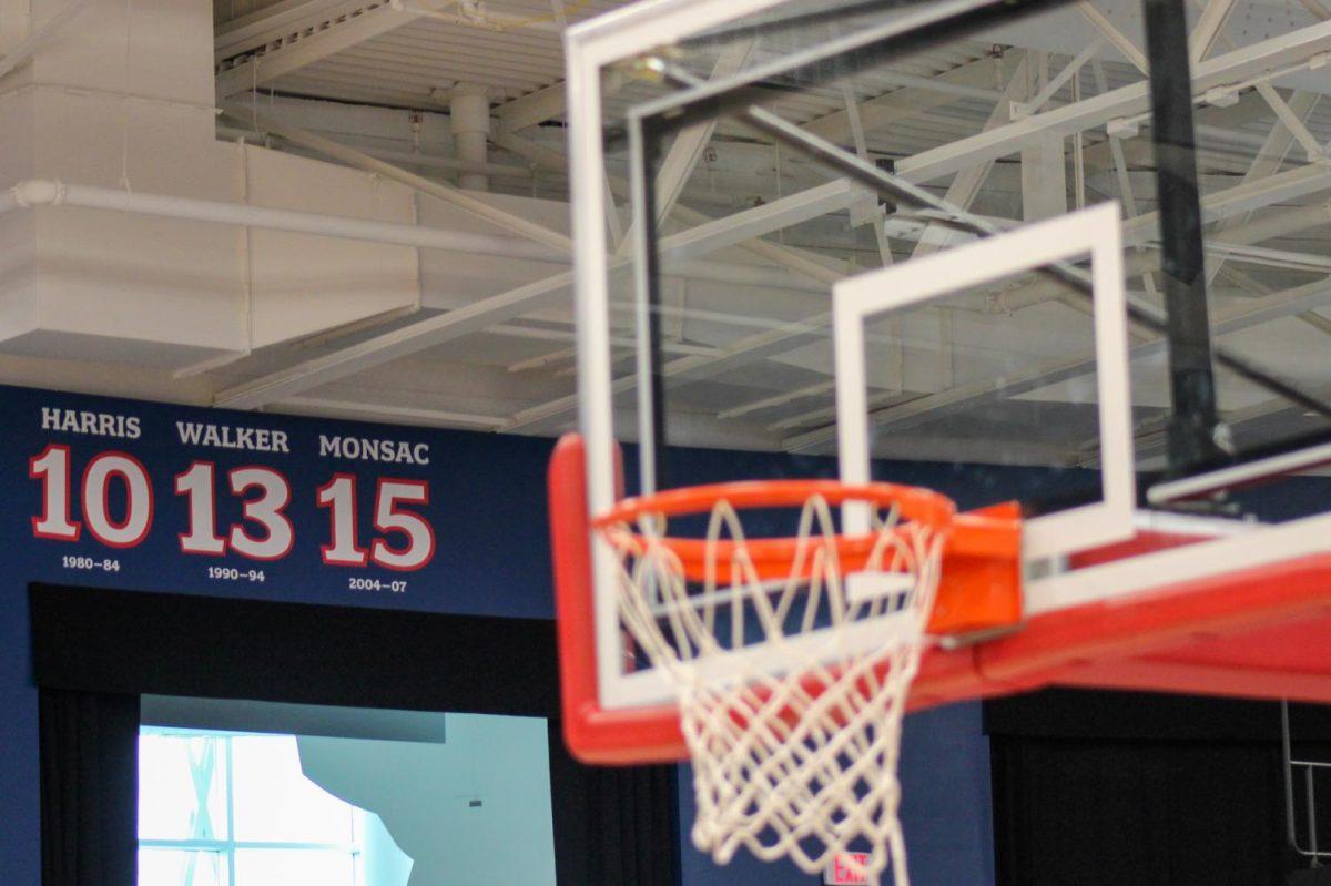 Three numbers sit alone on the RMU Ring of Honor in the UPMC Events Center. Photo Credit: Nathan Breisinger