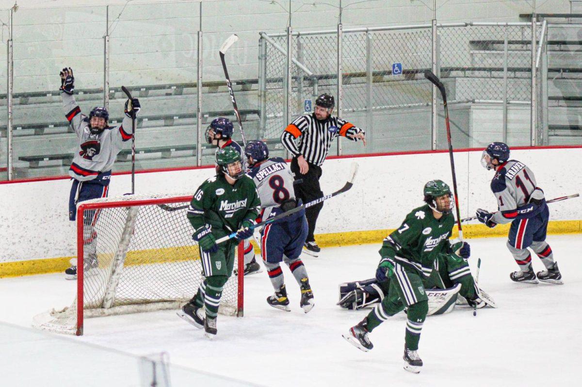 Roman Kraemer celebrates his game-winning goal on Saturday, completing the comeback against Mercyhurst. Photo Credit: Nathan Breisinger