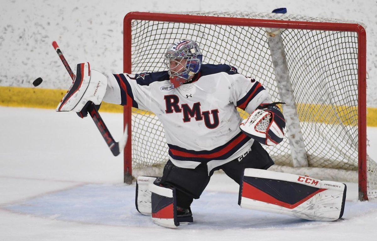 Noah West was named Atlantic Hockeys Goaltender of the Month for December 2020. Photo Credit: RMU Athletics