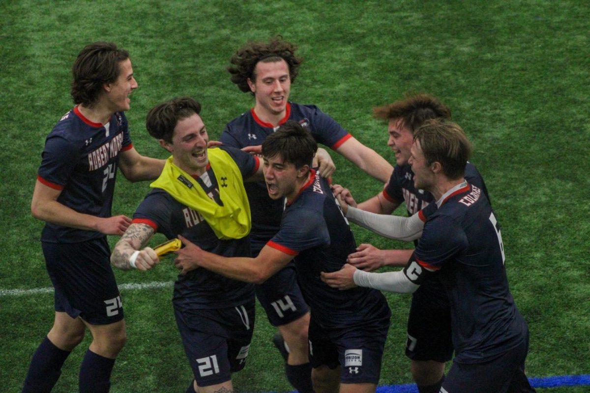 Mens soccer celebrates its first Horizon League goal and Miller Massons first collegiate goal in their 1-0 victory over Purdue Fort Wayne. Photo Credit: Tyler Gallo