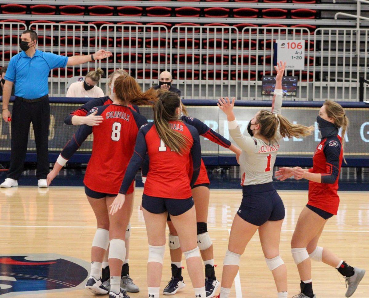 Volleyball celebrates a point during their match sweep of IUPUI. Photo Credit: Tyler Gallo
