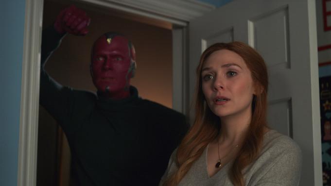 Paul Bettany as Vision and Elizabeth Olsen as Wanda Maximoff in Marvel Studios WANDAVISION exclusively on Disney+. Photo courtesy of Marvel Studios. ©Marvel Studios 2021. All Rights Reserved.