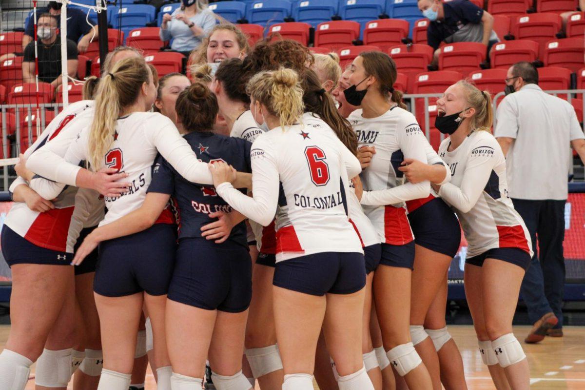 The team celebrates their big win over Duquesne.