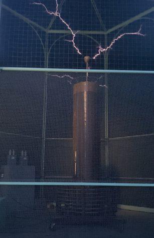 The Tesla coil produces one million volts of electricity. Credit: Kaelei Whitlatch