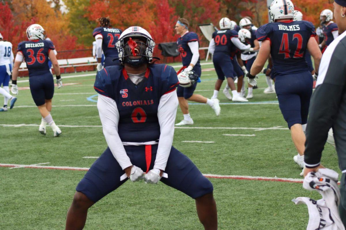 Ricardo Watson celebrates RMUs victory over Hampton. Photo credit: Ethan Morrison