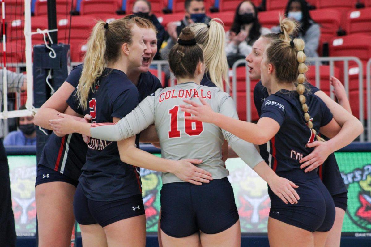 RMU volleyball celebrates a point on senior day. Photo credit: Tyler Gallo