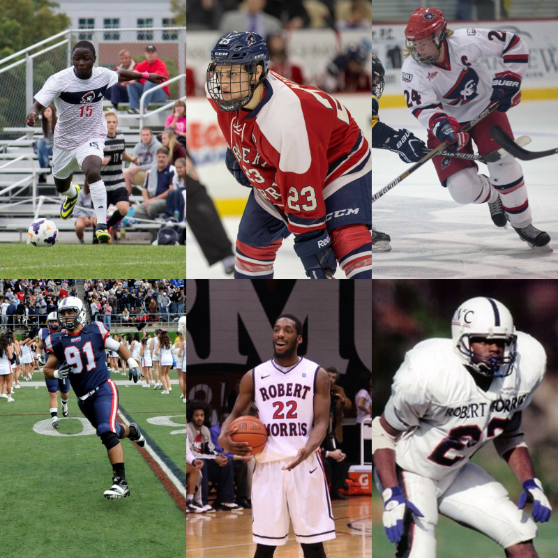 RMU Athletics announced their 2021 Hall of Fame Class. Neco Brett (top left), Cody Wydo (top center), Rebecca Vint (top right), Nolan Nearhoof (bottom left), Lucky Jones (bottom center) and Dante Payne (bottom right). Photo credit: Colonial Sports Network/RMU Athletics