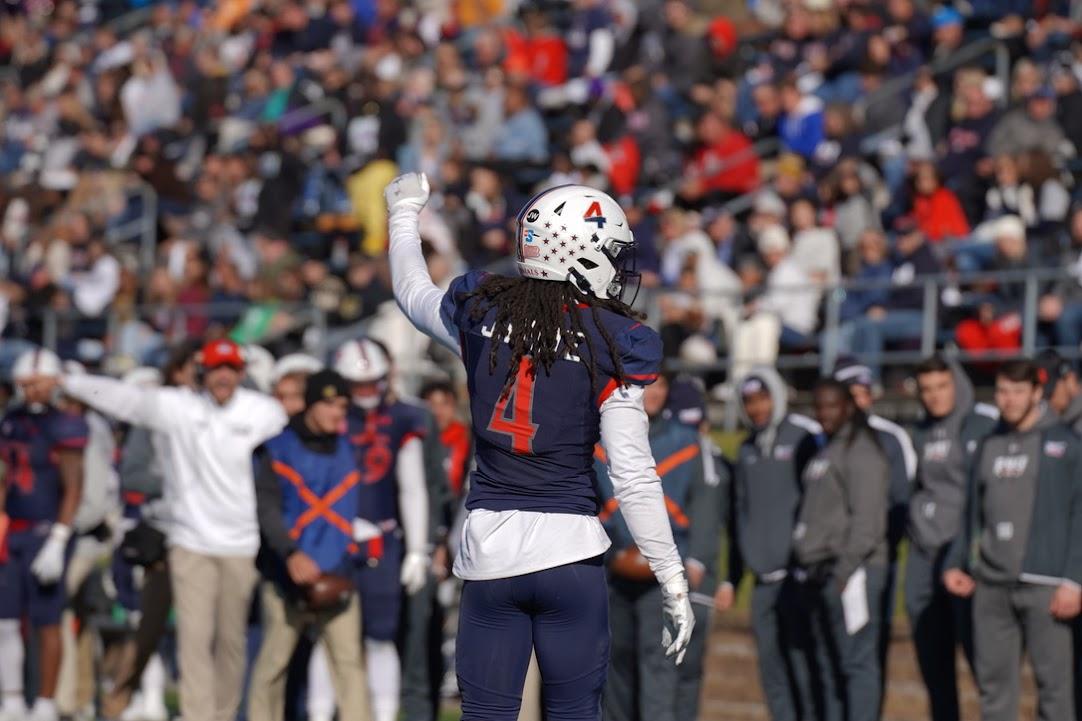 Jacob White celebrates a stop in RMU Footballs loss to Kennesaw State. Photo credit: Justin Newton