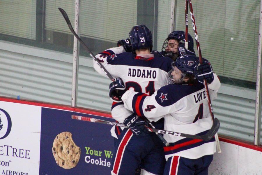 Mens hockey celebrates Jordan Timmons goal against Niagara in the 2020 Atlantic Hockey playoffs. Photo credit: Tyler Gallo